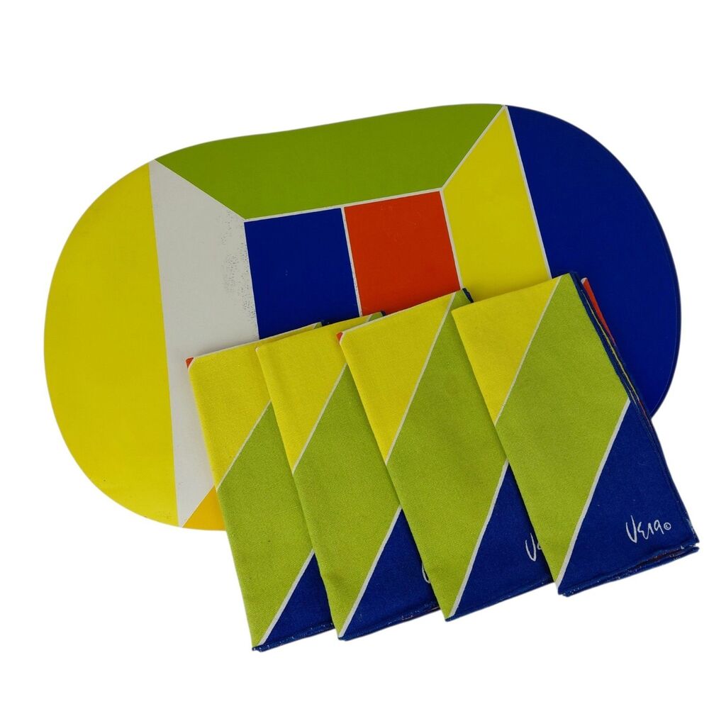 Vtg 1970s Vera Neumann Color Block Geometric Mod Cotton Napkins & Placemat Set